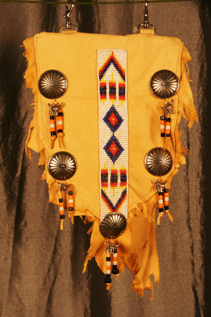 Prairie Dust Deerskin Pouch Bag with Conchos & Loom Beaded Band