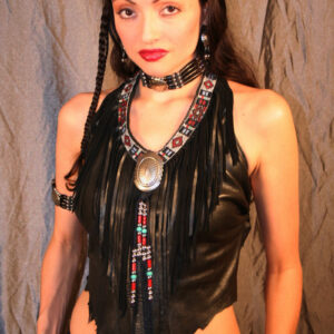 Redbone Women's Deerskin Fringed Black Leather Halter Top
