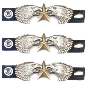 Eagle Leather Vest Extenders with 2 Chrome Eagles and Gold Star